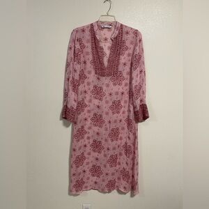 Zara Dress Women’s Size Medium Pink Metallic Thread Print Kaftan Dress Unlined